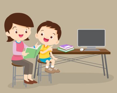 sevimli çocuk ve annesi birlikte kitap okumak