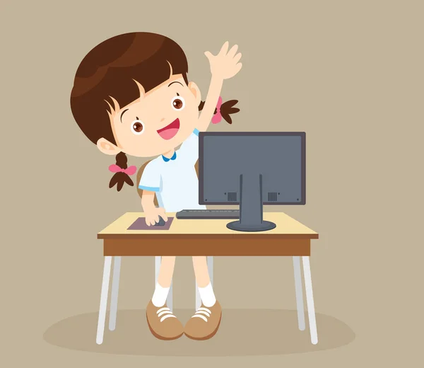 Student girl learning computer hand up — Stock Vector