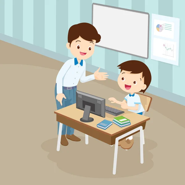 Teacher teaching computer to student boy — Stock Vector