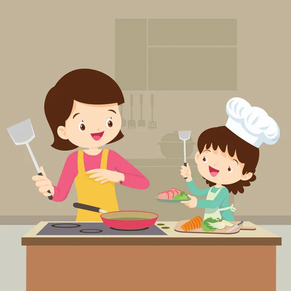 Daughter cooking with mam — Stock Vector