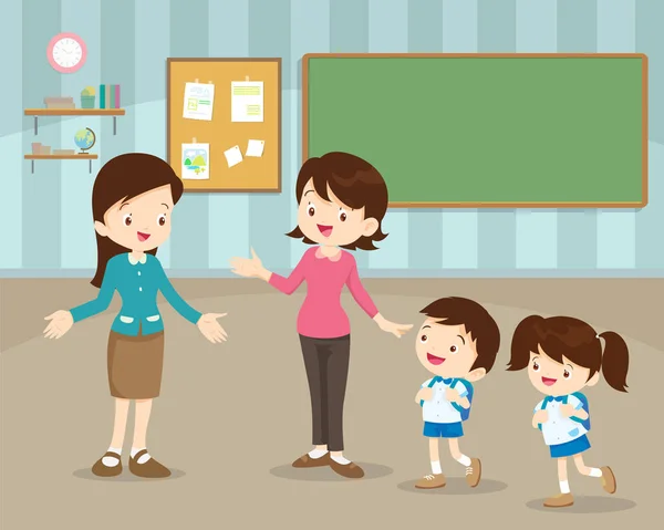 Madre enviando niños a la escuela — Vector de stock