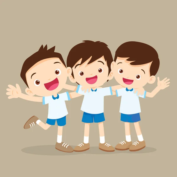 Три мальчика-ученика обнимаются и улыбаются — стоковый вектор
