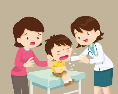 Kadın doktor rahatlatıcı onu ağlayarak hasta çocuk ile anne