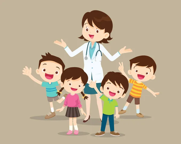 Mujer médico con niños feliz — Vector de stock