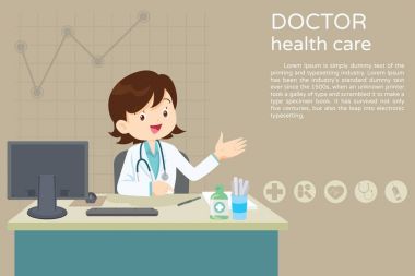 Freemale doktor mevcut ve masada oturan