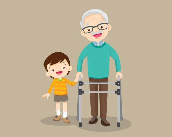 El nieto le ayuda abuelo a ir al andador — Vector de stock