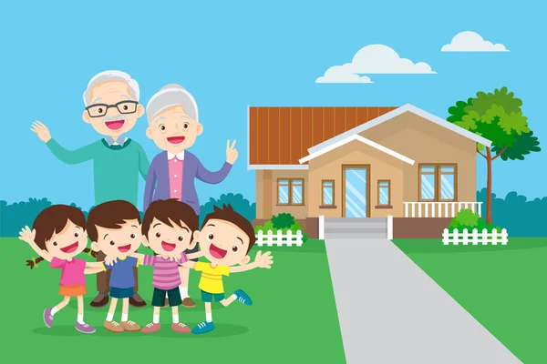 Grands-parents avec des enfants et leurs antécédents à la maison — Image vectorielle