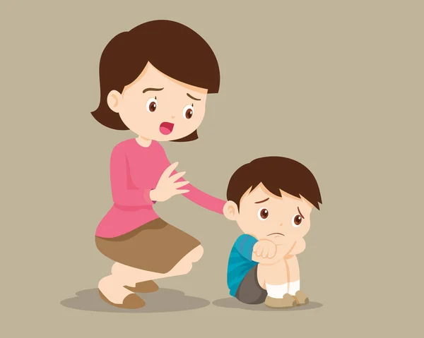 Mother comforting Upset Elementary son — Stock Vector