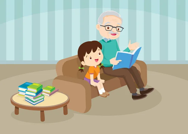 Abuelos con nietos leyendo en el sofá — Vector de stock