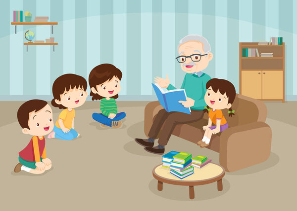 grandparents with grandchildrens reading on sofa
