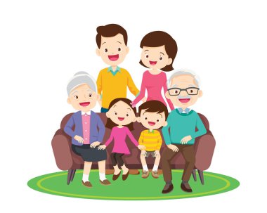 Kanepede oturan büyük mutlu bir aile.