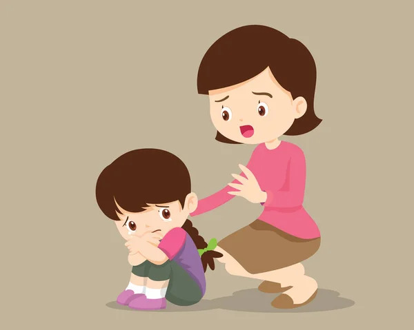 Mother comforting Upset Elementary daughter — Stock Vector