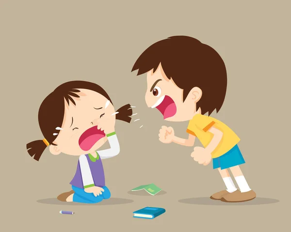Menino irritado gritando com cryng girl.bullying crianças — Vetor de Stock
