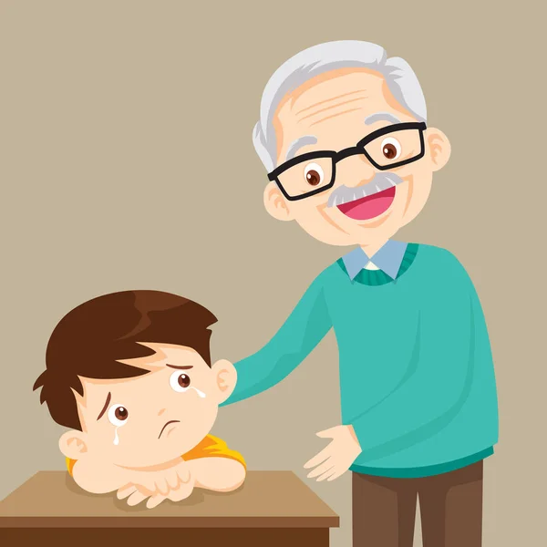 Grandfather comforting sad boy grieving — Stock Vector
