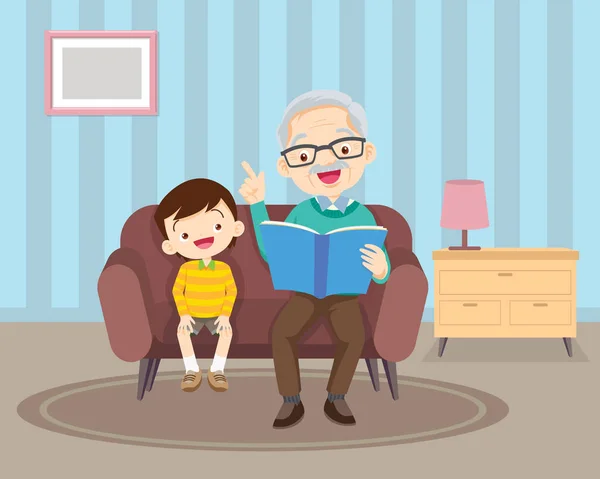Abuelo con nietos leyendo en sofá — Archivo Imágenes Vectoriales
