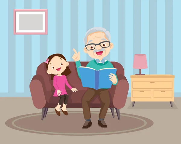 Nonno con nipoti ragazza che legge sul divano — Vettoriale Stock