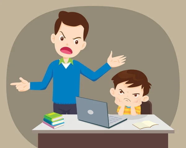 Θυμωμένος πατέρας και γιος χρησιμοποιώντας Laptop στο σπίτι — Διανυσματικό Αρχείο