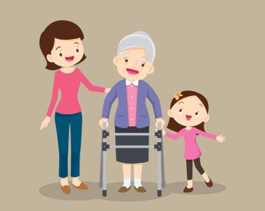 Torun ve anne büyükannesinin yürütece gitmesine yardım ediyor.