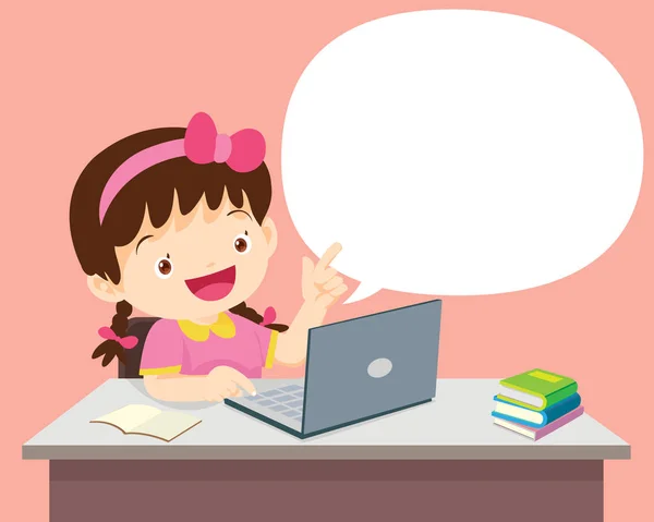 Estudantes menina sentado com laptop e falando com Speech Bubbl —  Vetores de Stock