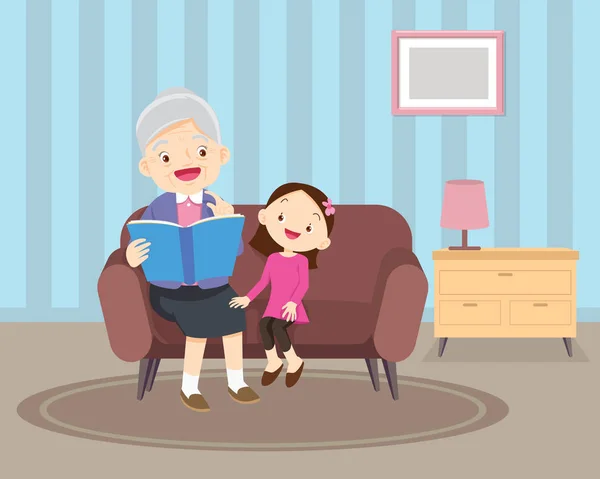 奶奶和孙子孙女坐在沙发上看书 — 图库矢量图片