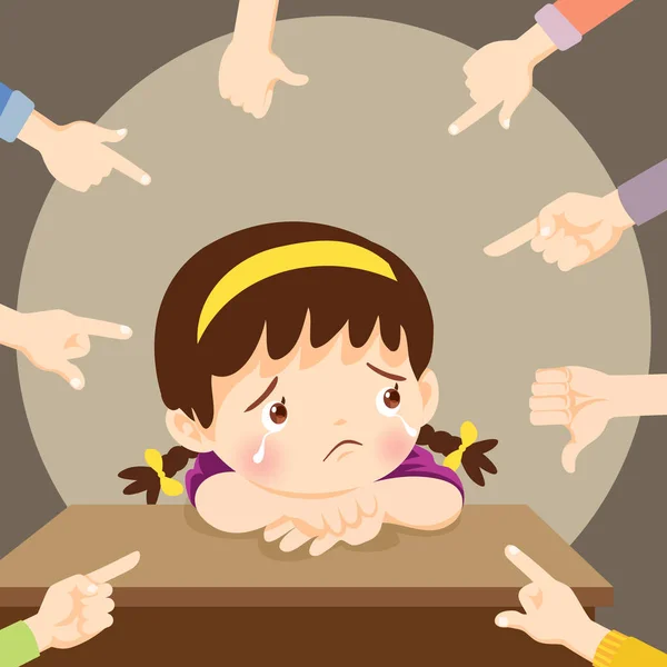 Trauriges Mädchen weint, umgeben von spöttischen Zeigefingern — Stockvektor