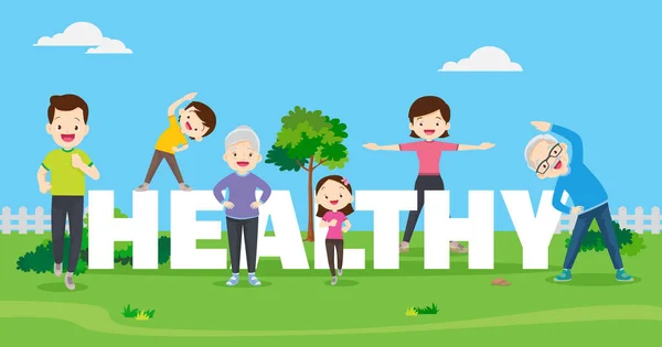 Big happy family exercising together with HEALTHY Word letter in — 스톡 벡터