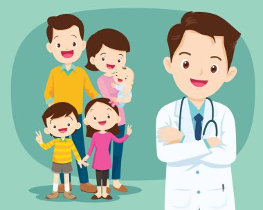 Gülümseyen doktor ve sevimli aile.