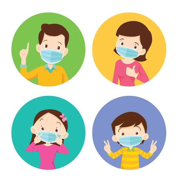 Family wearing protective Medical mask for prevent virus.Dad Mom — Stock Vector