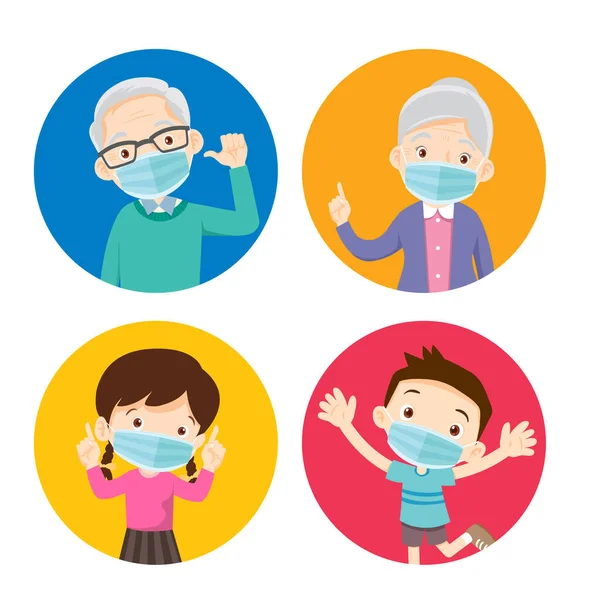 Grandparents and children wearing a surgical mask to prevent vir — Stock Vector