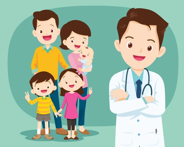 Smiling medical doctor and cute family — Stock Vector