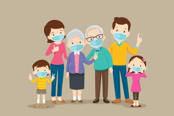 Big family  wearing a surgical mask to prevent virus — 스톡 벡터