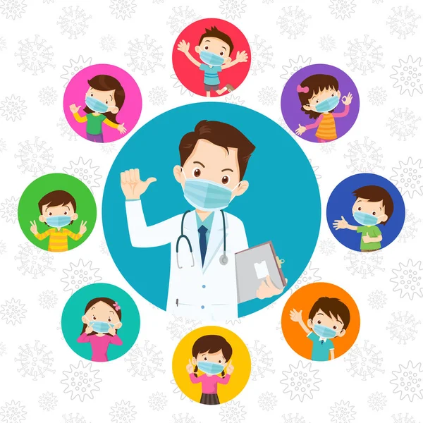Çocuklar ve doktor virüse karşı koruyucu maske takıyor.
