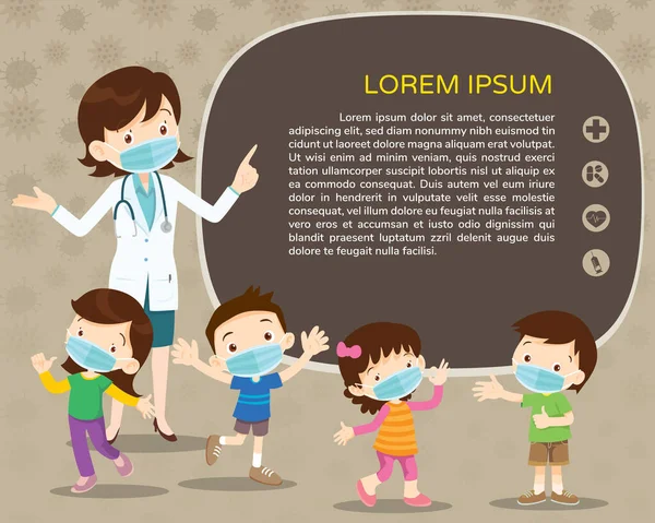 Doctor and children wear a medical face mask with copy space Vector Graphics