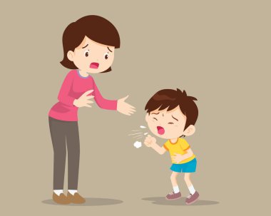 Anne ve hasta çocuk öksürüyor, hasta çocuk burnunu siliyor ve öksürüyor..