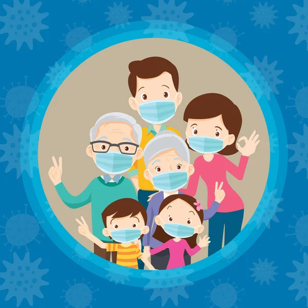 Familj Bär Skyddande Medicinsk Mask För Att Förhindra Virus Pappa — Stock vektor