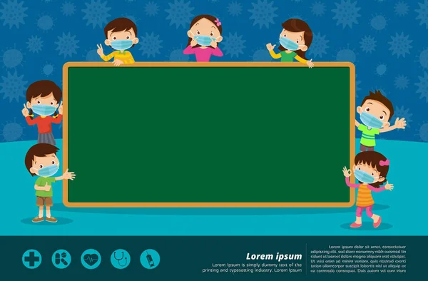 Childrens Wear Medical Face Mask Chalkboard Copy Space Teacher Boy Stock Illustration