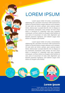 Çocuklar tıbbi maske takıyorlar. Erkek ve kız tıbbi maske takıyor. Virüs Covid-19 ve korunma. Sağlık maskesi ile kirliliği önleyin.