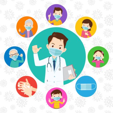 Doktor ve ailesi tıbbi bir maske takıyor. Aile ve doktor, virüsten koruyucu bir maske takıyor..