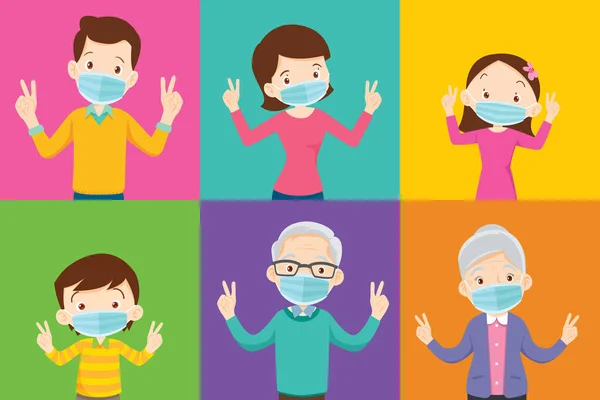 Familie Und Großeltern Tragen Medizinische Schutzmaske Auf Buntem Hintergrund Familie — Stockvektor