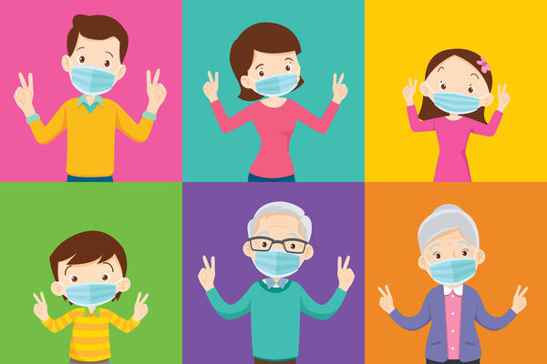 family and grandparent wearing protective Medical mask on colorful background family wearing protective Medical mask for prevent virus Covid 19
