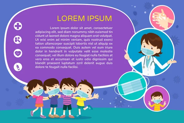 Doktor ve çocuklar tıbbi maske takıyorlar. Erkek ve kız tıbbi maske takıyorlar. Virüs Covid-19 ve korunma. Kirliliği sağlık maskesi ile engelleme, şehirdeki kirlilik için sağlık hizmetleri