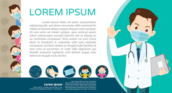 Doktor ve ailesi virüsü önlemek için koruyucu tıbbi maske takıyor. Doktor Baba, Anne, Kız, Oğul cerrahi maske takıyor..