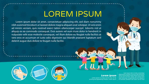 Läkare Och Barn Bär Medicinsk Ansiktsmask Med Kopieringsutrymme Pojke Och — Stock vektor