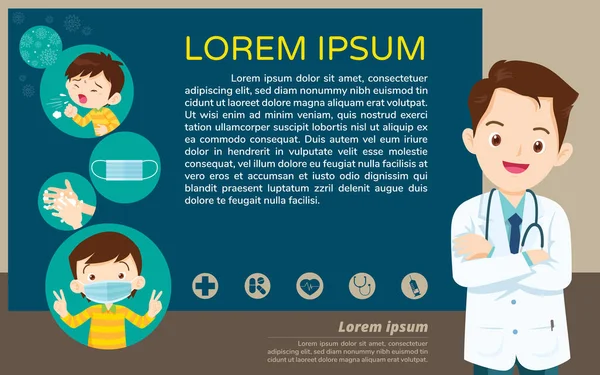 Doctor Explain Poster Wear Face Mask Wash Hands Doctor Kids Stock Vector