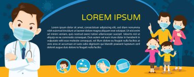 Doktor ve ailesi Wuhan Covid-19 virüsünü önlemek için koruyucu bir maske takıyor. Doktor Baba Anne Kız Oğul cerrahi maske takıyor..