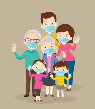 Aile, Coronavirus Wuhan Covid-19 'u önlemek için koruyucu maske takıyor. Anne kız evlat cerrahi maske takıyor..