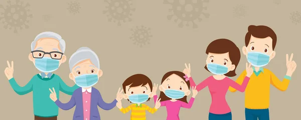 Family Grandparent Wearing Protective Medical Mask Coronavirus Covid Wuhan Show — Stock Vector