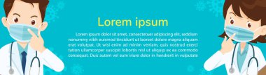Doktor, tıbbi maske takmanızı tavsiye ediyor. Doktor, tıbbi maske takın. Corona Virüsü Wuhan Covid-19 ve korunma. Sağlık maskesi Banner şablonu ve şehirde kirlilik için sağlık hizmeti ile kirliliği önleyin.