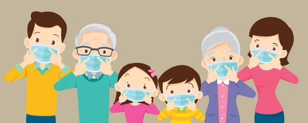 Aile ve büyükbabalar Coronavirus, Covid-19, Wuhan için koruyucu tıbbi maske takıyorlar ve zafer gösteriyorlar. Covid 19 virüsünü ve zafer ellerini önlemek için koruyucu tıbbi maske takıyorlar..