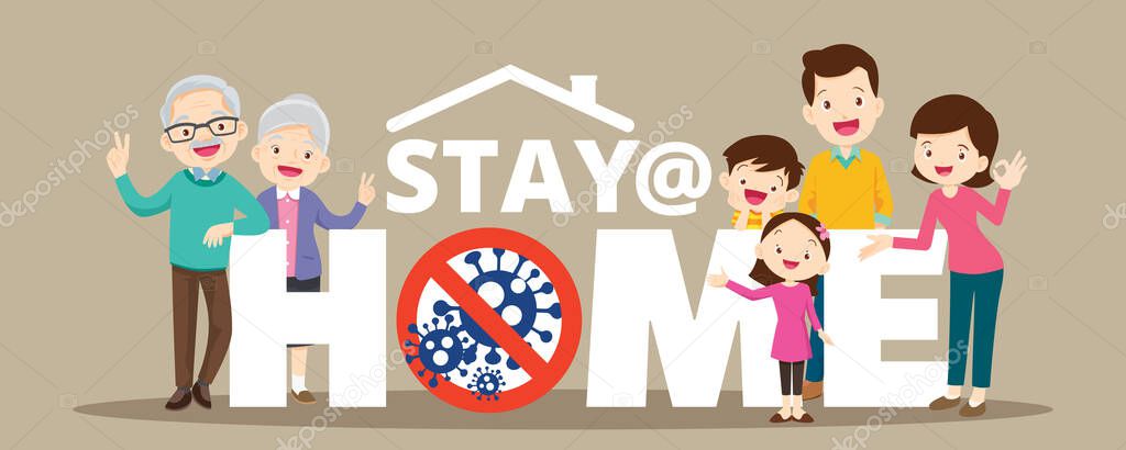 Stay at home with family protective self for prevent coronavirus Wuhan Covid-19.Dad Mom Daughter Son grandparent stay safe campaign to stay at home ,lifestyle activity that you can do at home to stay healthy.